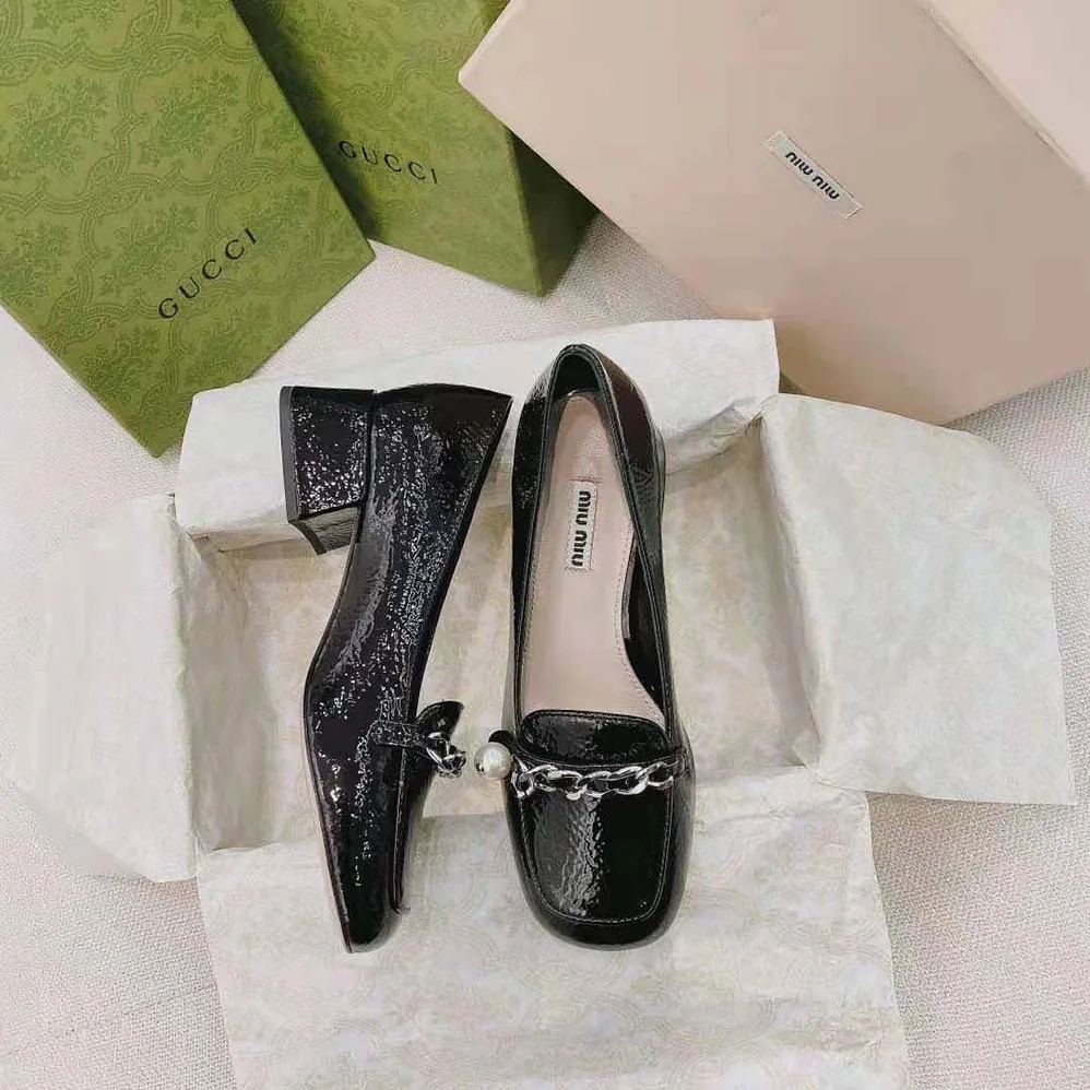 Miu Miu Patent Leather Loafers in 35mm Heel for Women in Black Miu Miu Patent Leather Loafers in 35mm Heel for Women in Black