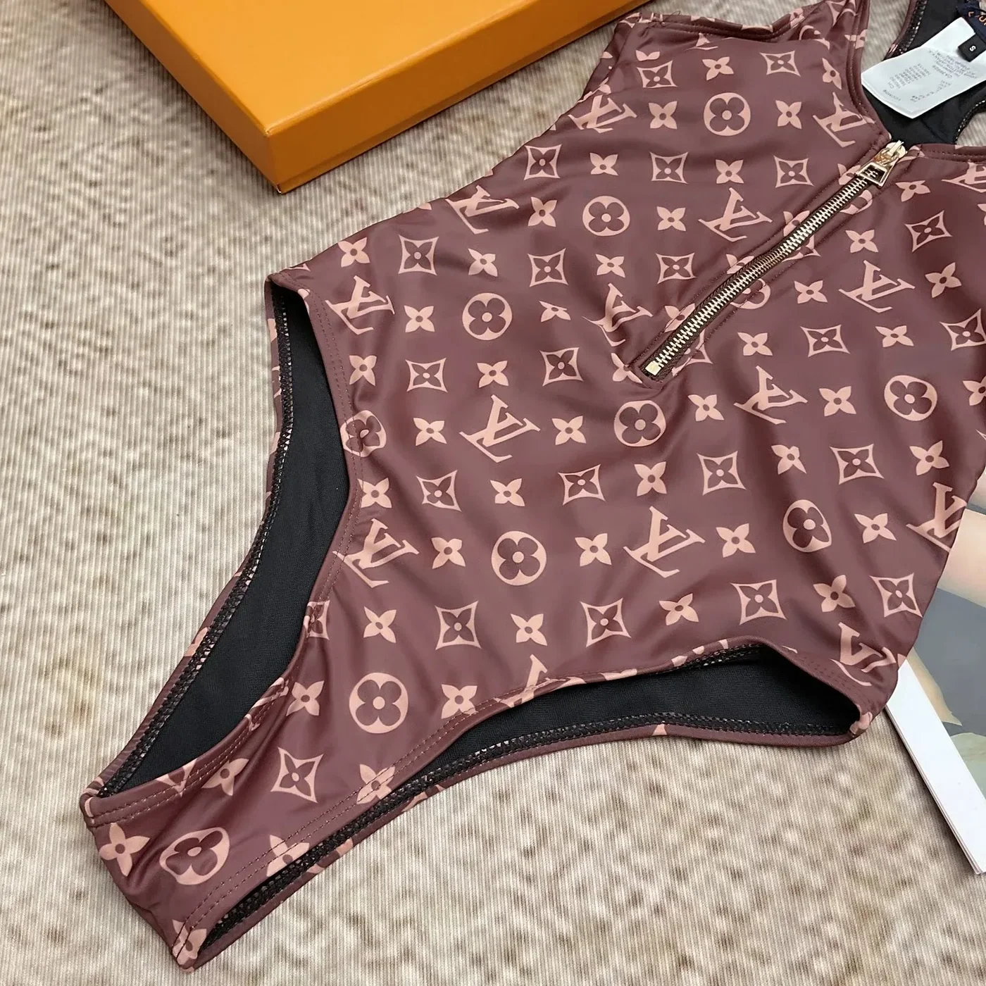 Louis Vuitton Front-Zip Racerback One in Piece Swimsuit Brown Monogram Louis Vuitton Front-Zip Racerback One in Piece Swimsuit Brown Monogram