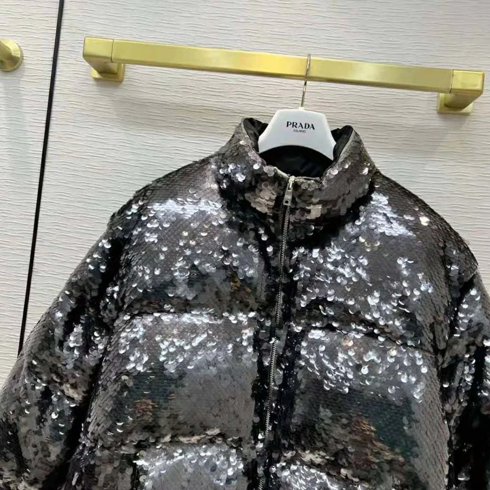 Prada Convertible Sequined Re-Nylon Down Jacket for Women in Black Prada Convertible Sequined Re-Nylon Down Jacket for Women in Black