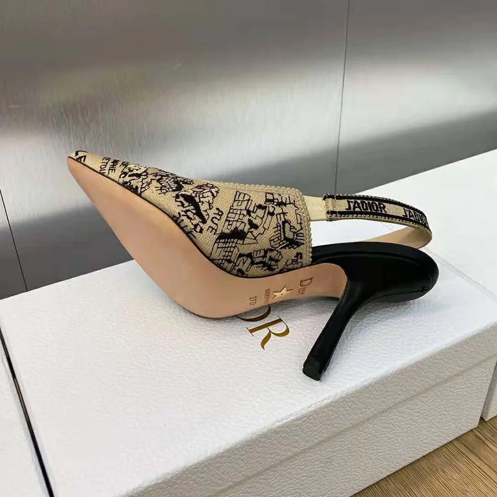 Dior J'Adior Slingback Pump Black and Beige Cotton Embroidered with Plan de Paris Motif for Women Dior J'Adior Slingback Pump Black and Beige Cotton Embroidered with Plan de Paris Motif for Women