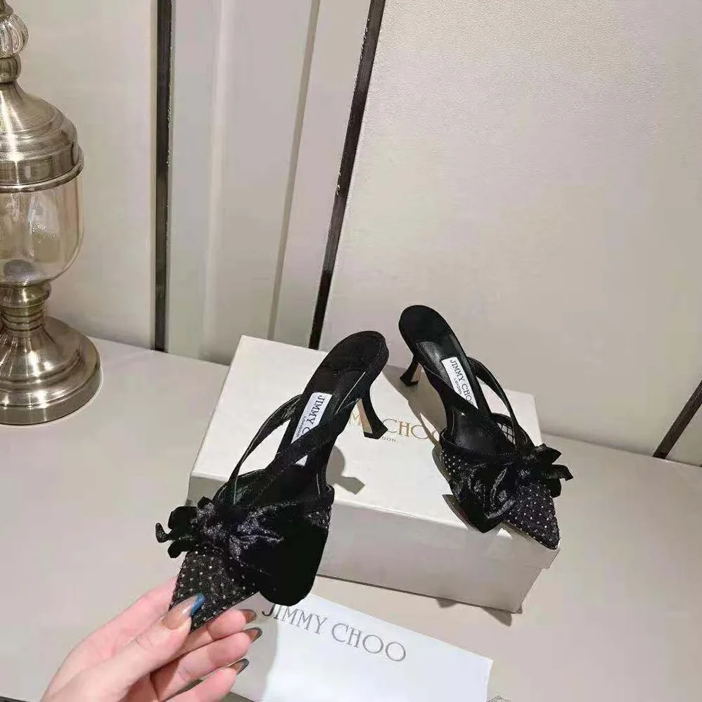 Jimmy Choo Flaca Mule 50 Black Crystal Mesh Mules with Bows for Women Jimmy Choo Flaca Mule 50 Black Crystal Mesh Mules with Bows for Women