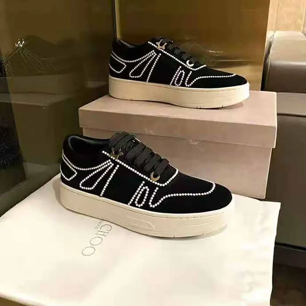 Jimmy Choo Hawaii/F Black Suede Lace-Up Sneakers with Pearl Detailing for Women Jimmy Choo Hawaii/F Black Suede Lace-Up Sneakers with Pearl Detailing for Women
