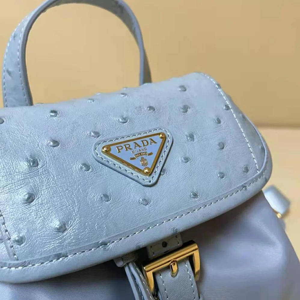 Prada Re-Nylon and Ostrich Leather Backpack for Women in Blue Prada Re-Nylon and Ostrich Leather Backpack for Women in Blue