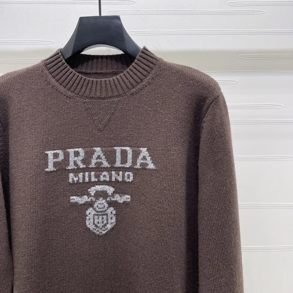 Prada Cashmere And Wool Prada Logo Crew-Neck Sweater for Men in Dark Brown