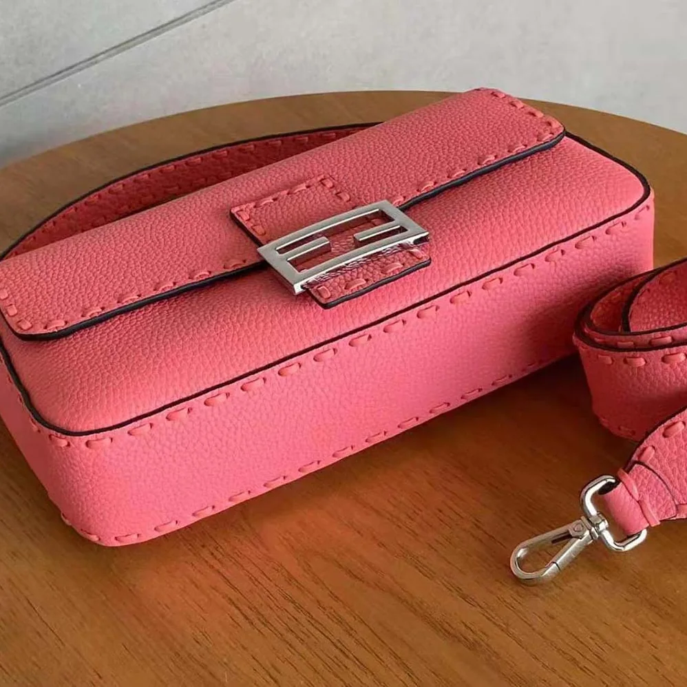 Fendi Baguette Pink Selleria Bag with Oversized Topstitching for Women