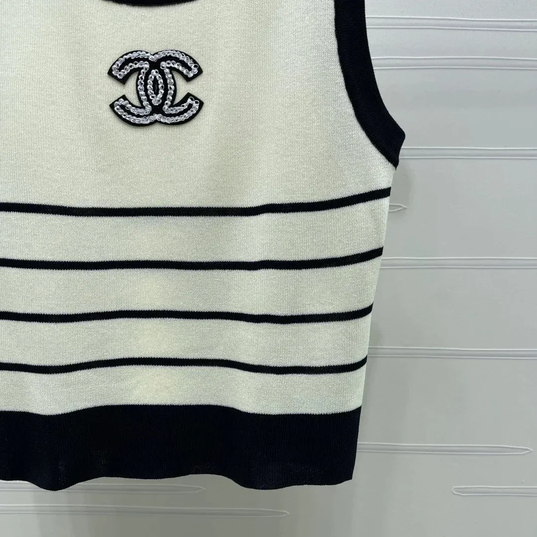 Chanel Striped Sleeveless Top Black in White