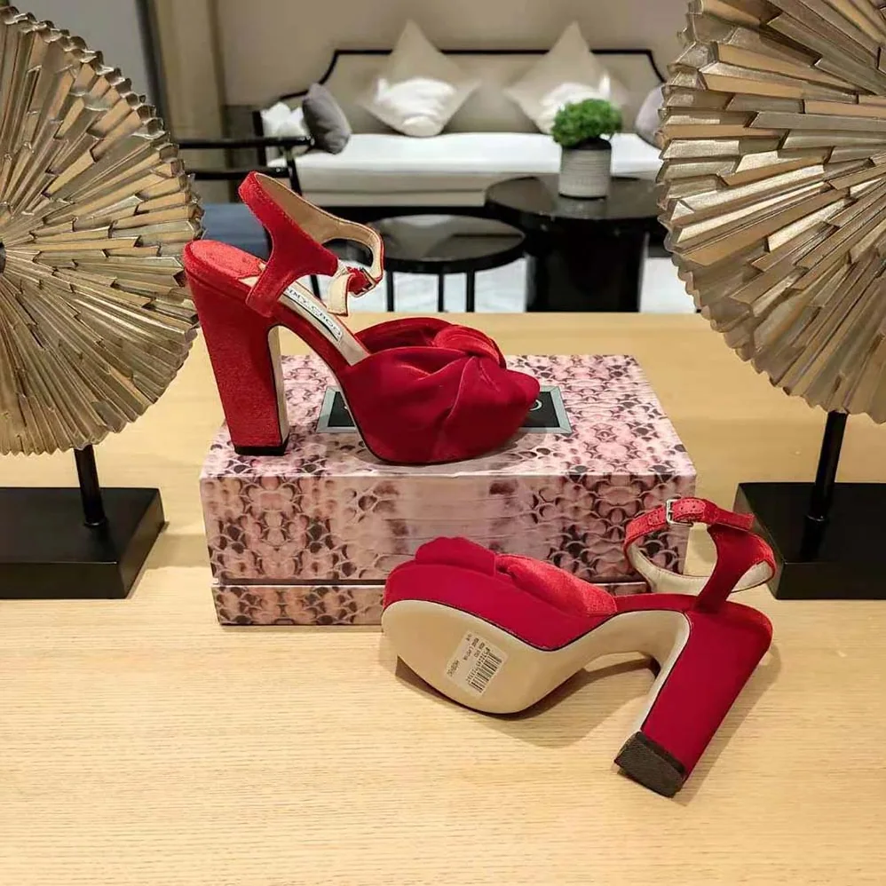 Jimmy Choo Heloise 120 Red Velvet Platform Sandals for Women