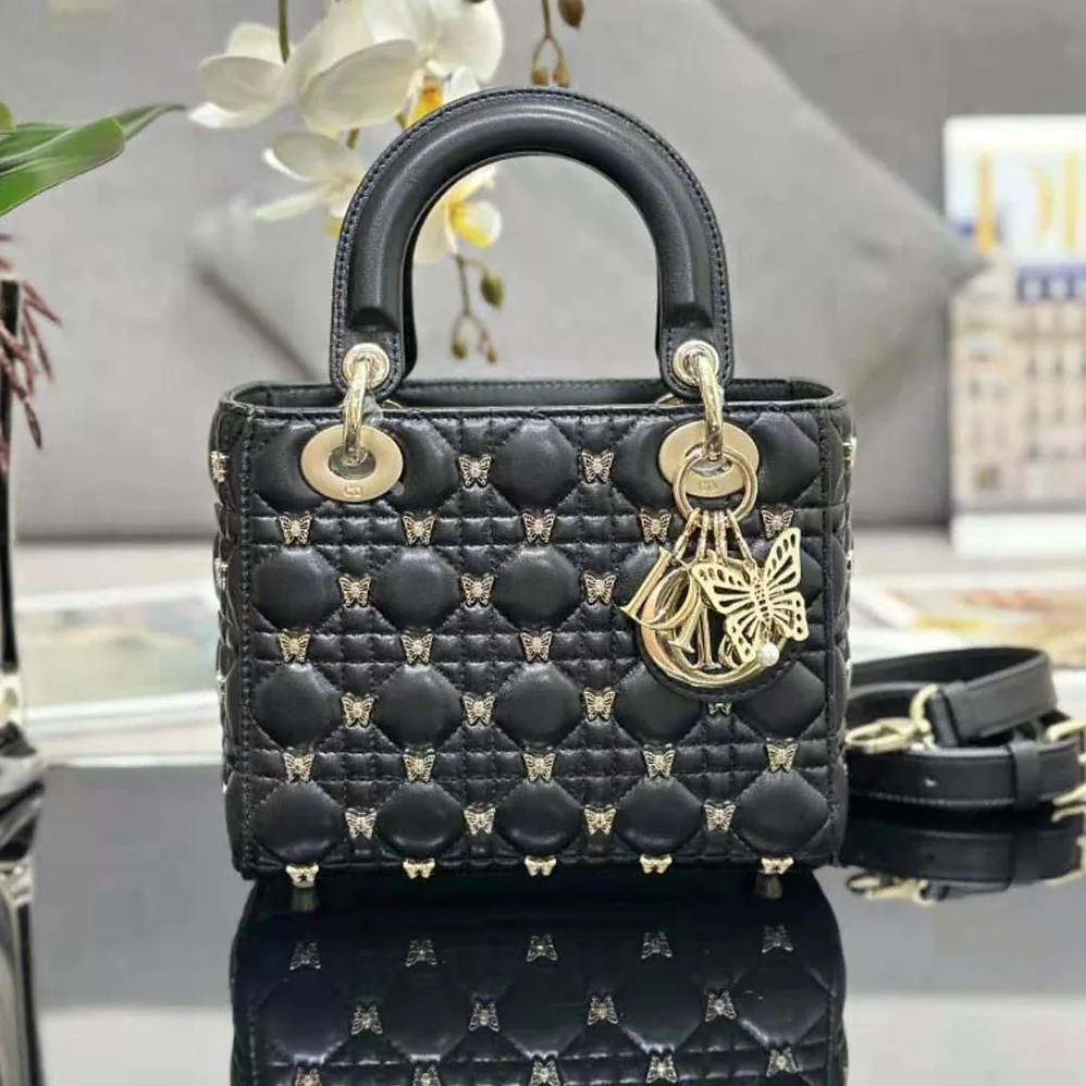 Dior Small Lady Dior Bag Black Cannage Lambskin with Gold for Women in Finish Butterfly Studs