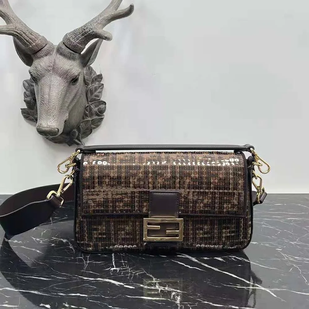 Fendi Baguette Brown FF Jacquard Fabric Bag with Sequins for Women Fendi Baguette Brown FF Jacquard Fabric Bag with Sequins for Women