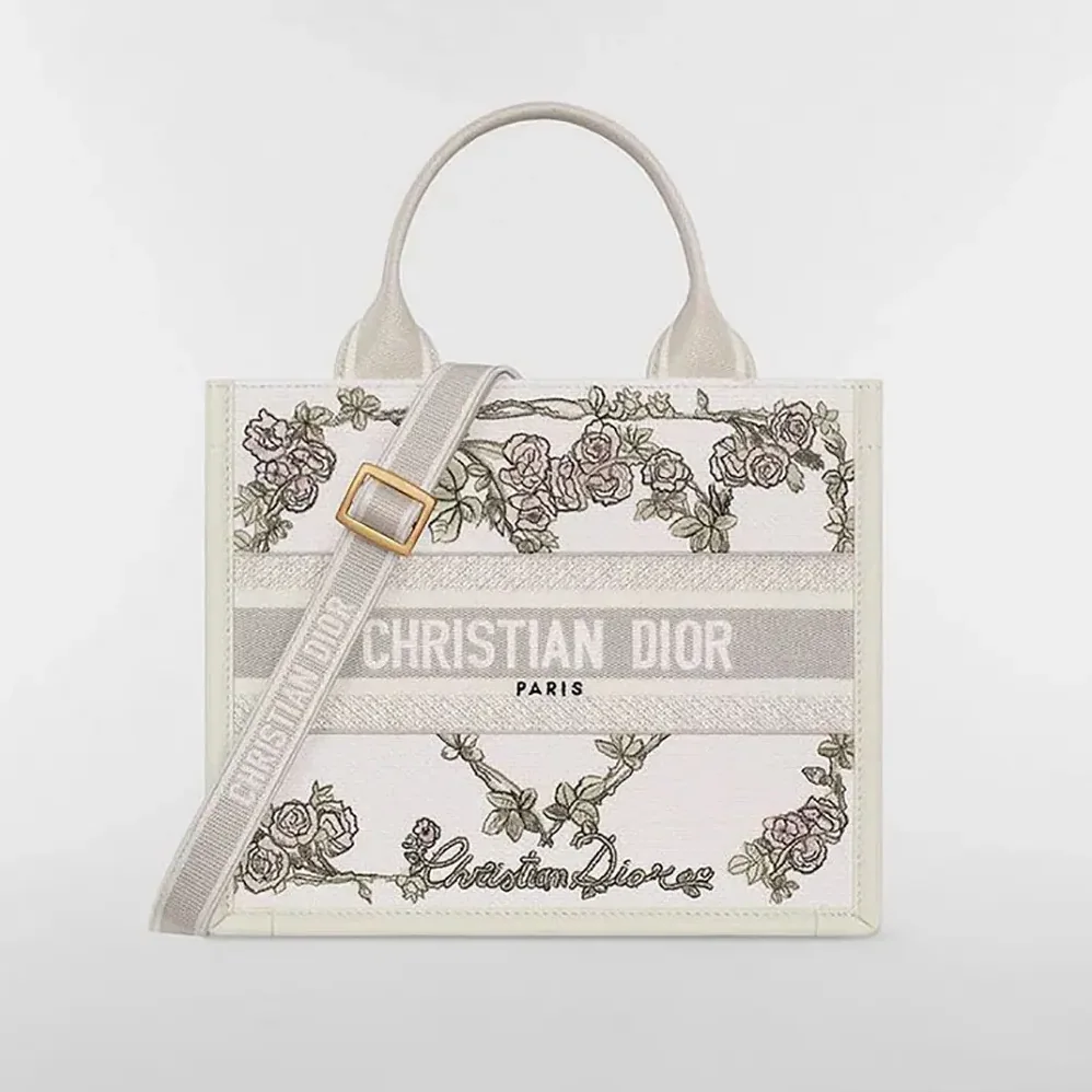 Dior Small Dior Book Tote Multicolor Amour de Roses Embroidery and Latte Calfskin for Women