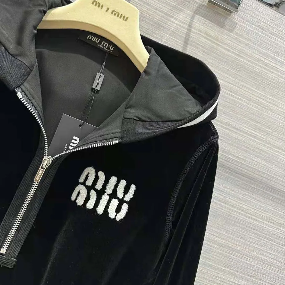 Miu Miu Velvet Short Dress with Signature Embroidered Logo for Women in Black Miu Miu Velvet Short Dress with Signature Embroidered Logo for Women in Black