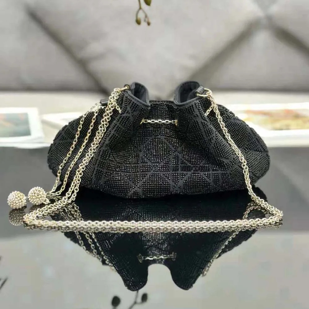 Dior Dior Dream Bucket Bag Black Cannage Cotton with Bead Embroidery for Women