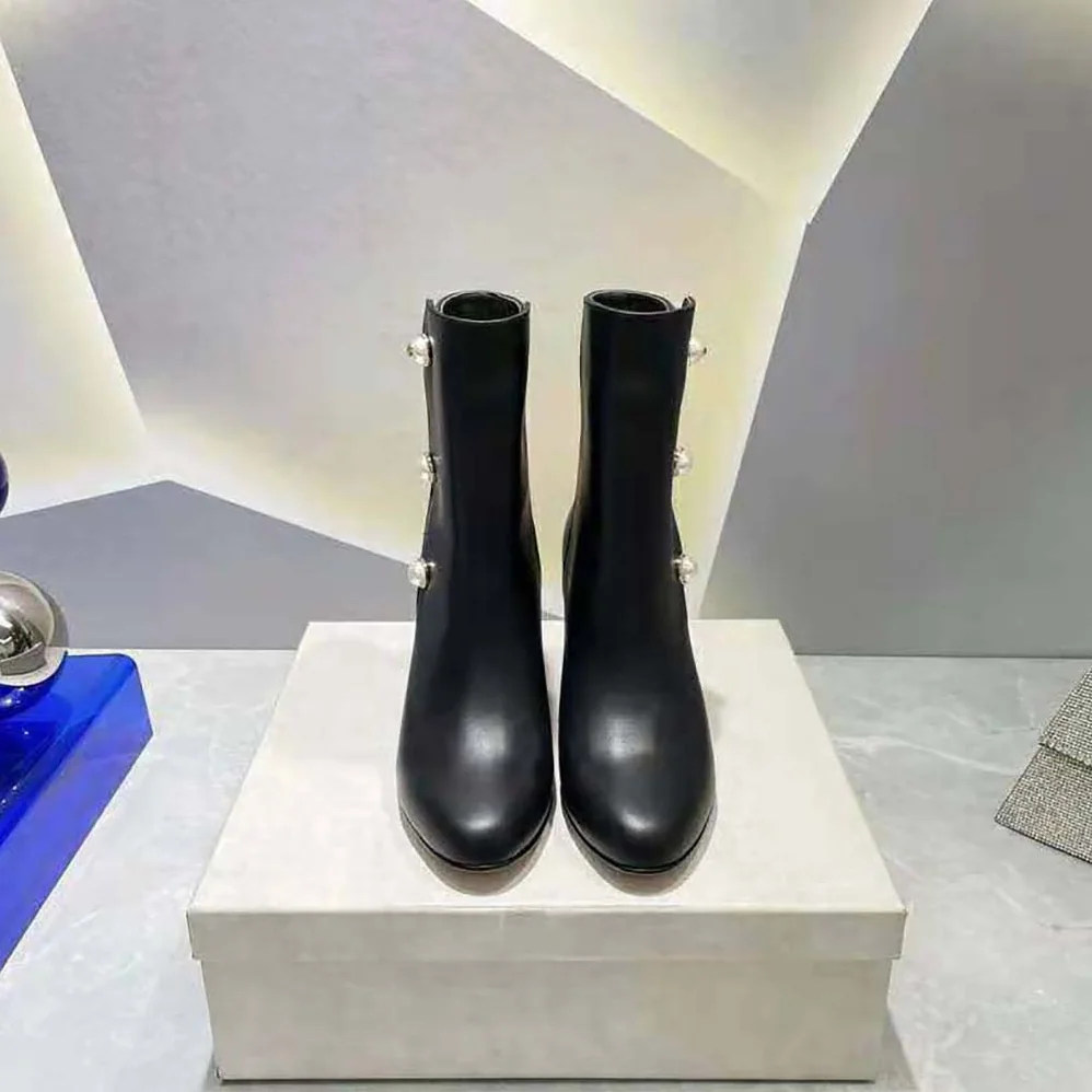 Jimmy Choo Black Nappa Leather Mid for Women in Calf Boots with Pearls Jimmy Choo Black Nappa Leather Mid for Women in Calf Boots with Pearls