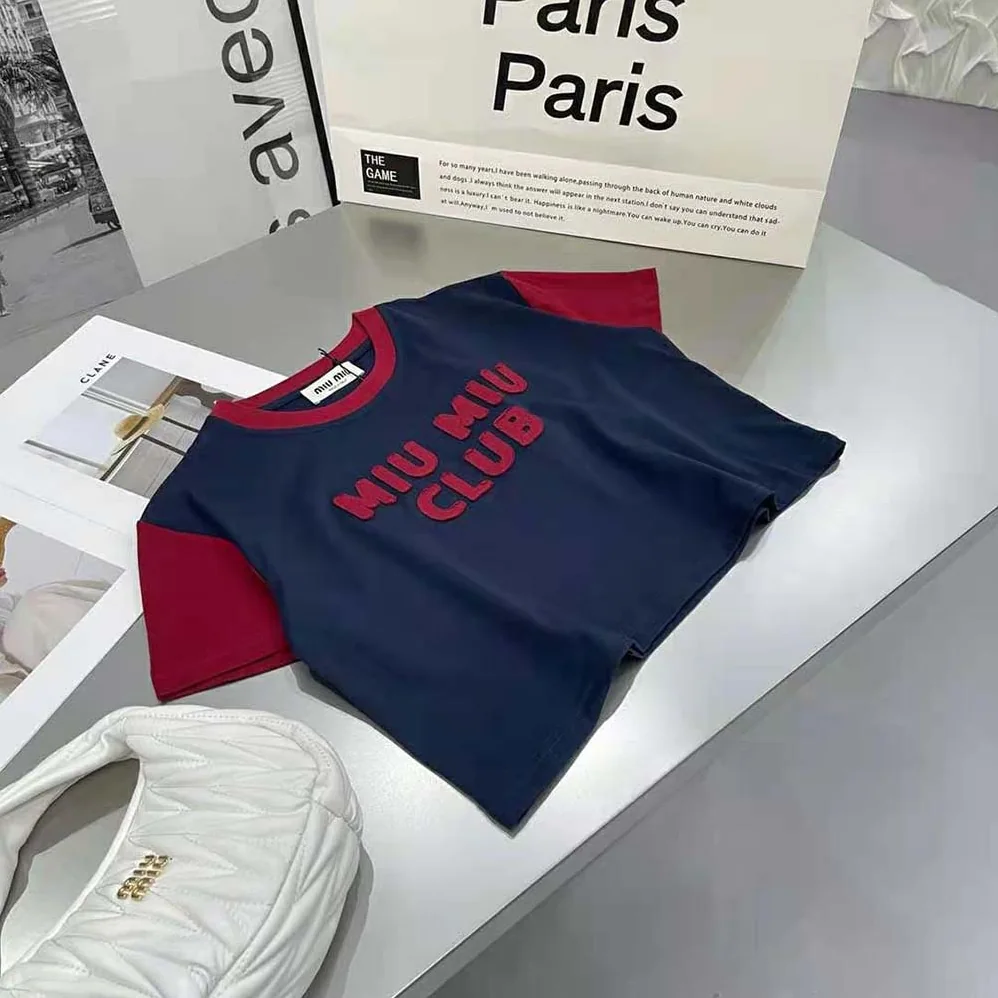 Miu Miu Jersey T-shirt with Embroidered Logo for Women in Navy Miu Miu Jersey T-shirt with Embroidered Logo for Women in Navy