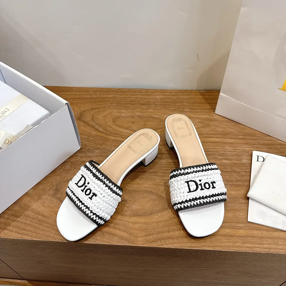 Dior Dioriviera Dior Woven Heeled Slide White Crocheted Raffia for Women in Effect Technical Fabric