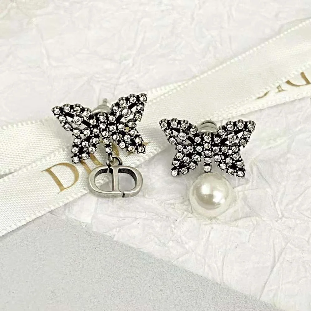 Dior Papillon De Nuit Earrings Antique Silver-Finish Metal with White Resin Pearl for Women