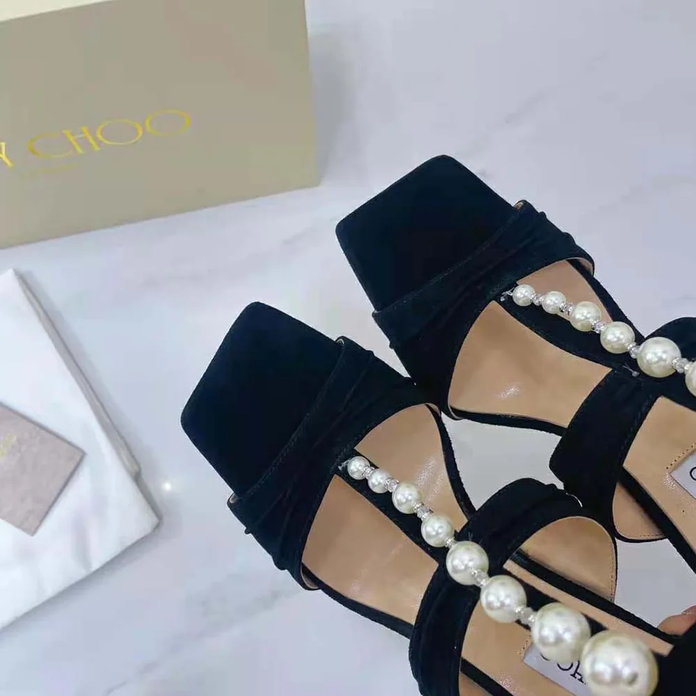 Jimmy Choo Aura 95 Black Suede Sandals with Pearls and Crystals for Women Jimmy Choo Aura 95 Black Suede Sandals with Pearls and Crystals for Women