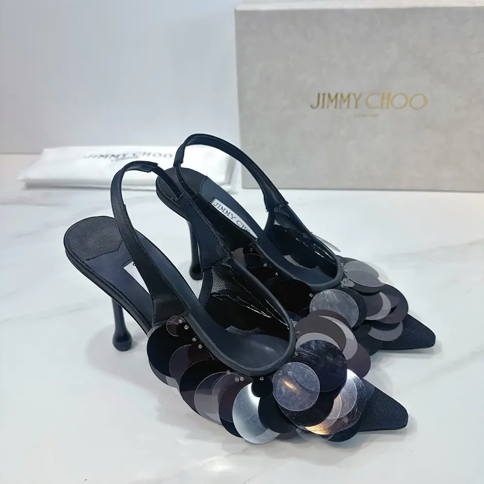 Jimmy Choo Isa 95 Black Mesh Paillette Pumps for Women
