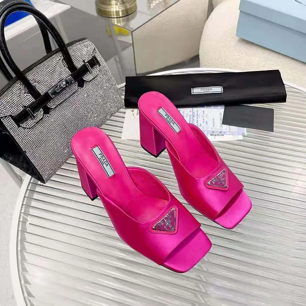 Prada High-Heeled Satin Slides for Women in Rose