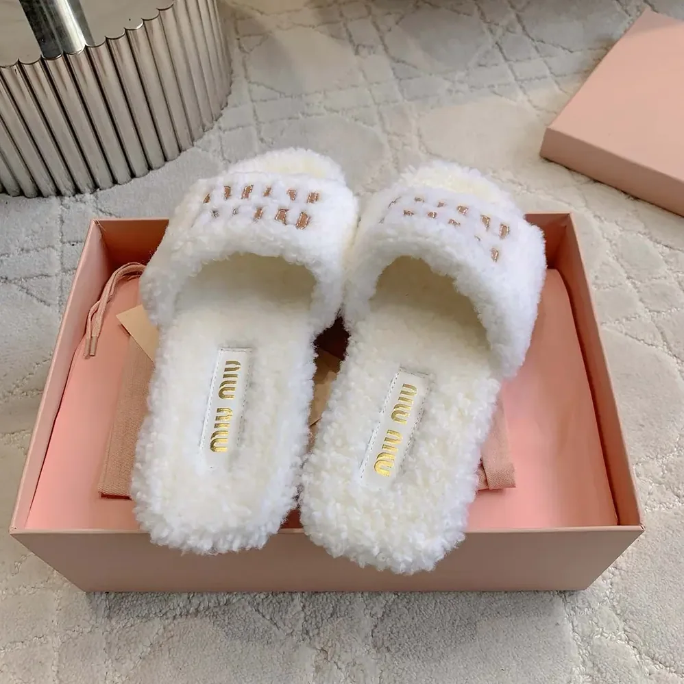 Miu Miu Shearling Slides with Leather Logo for Women
