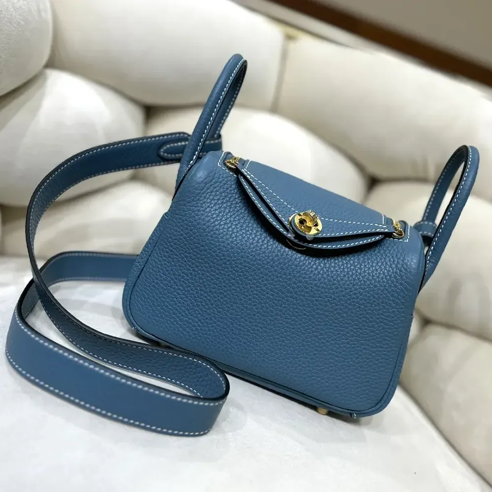 Hermes Lindy Mini 19 in Clemence Leather for Women in Blue/Gold Hermes Lindy Mini 19 in Clemence Leather for Women in Blue/Gold