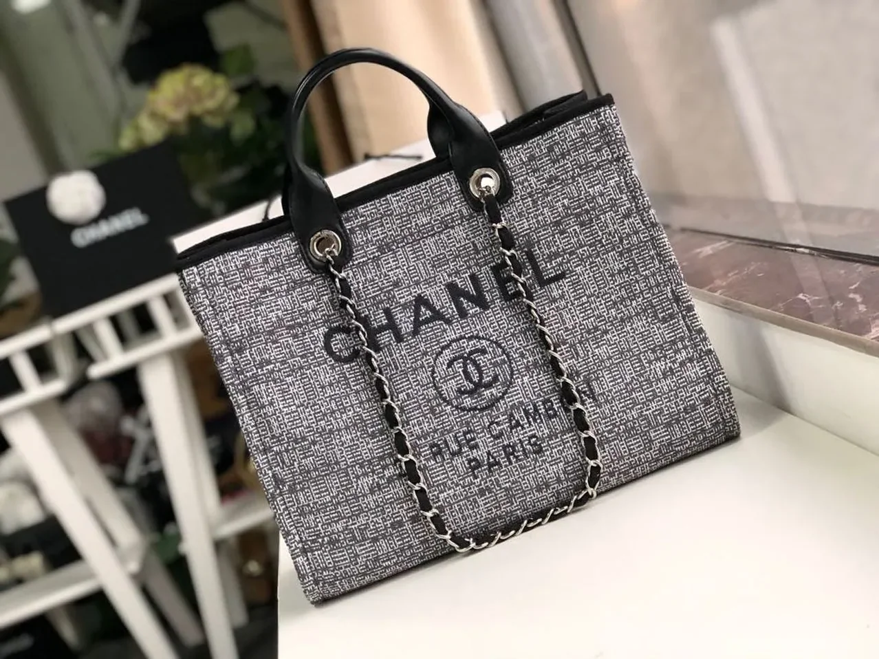 Chanel Deauville Tote Bag / Black/Grey Canvas Silver Hardware Chanel Deauville Tote Bag / Black/Grey Canvas Silver Hardware