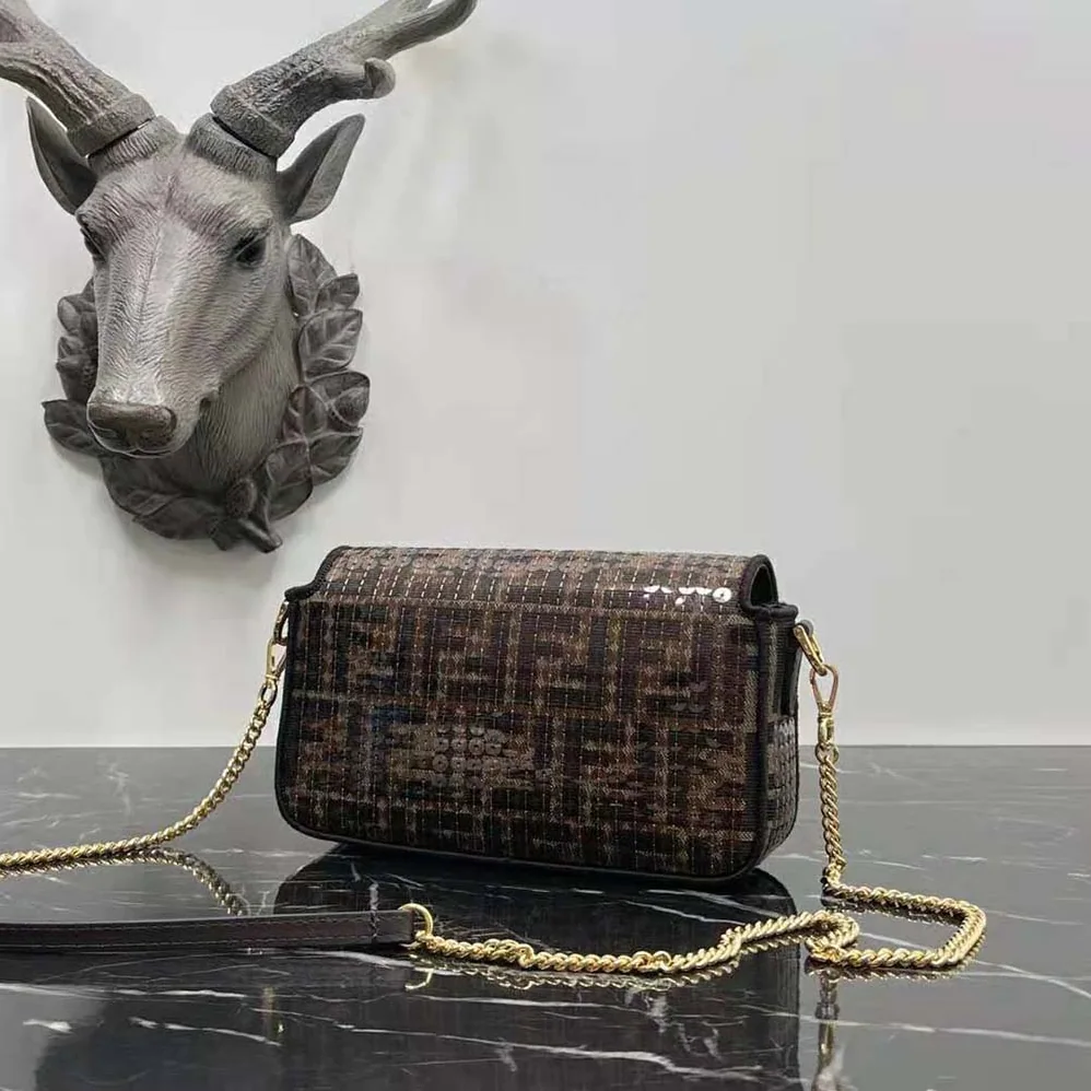 Fendi Baguette Mini Brown FF Jacquard Fabric Bag with Sequins for Women Fendi Baguette Mini Brown FF Jacquard Fabric Bag with Sequins for Women