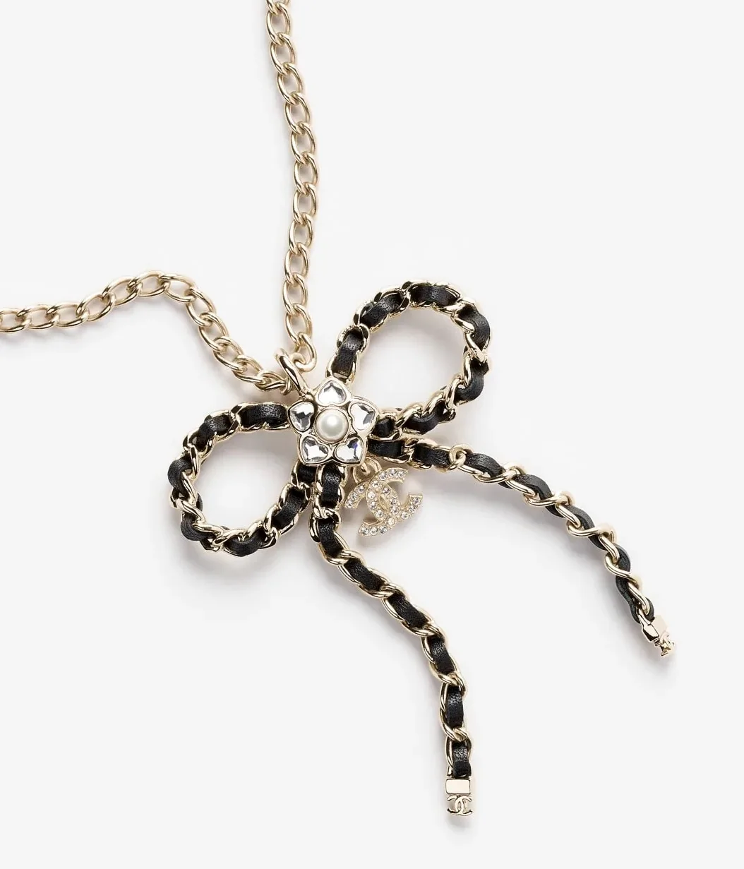 Chanel Bow Necklace Gold Pearly White Crystal