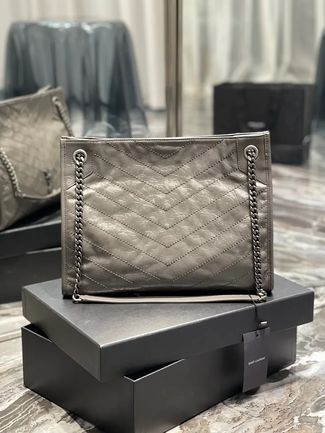 Saint Laurent Niki Shopping Medium Tote Bag in Green Khaki Silver Hardware