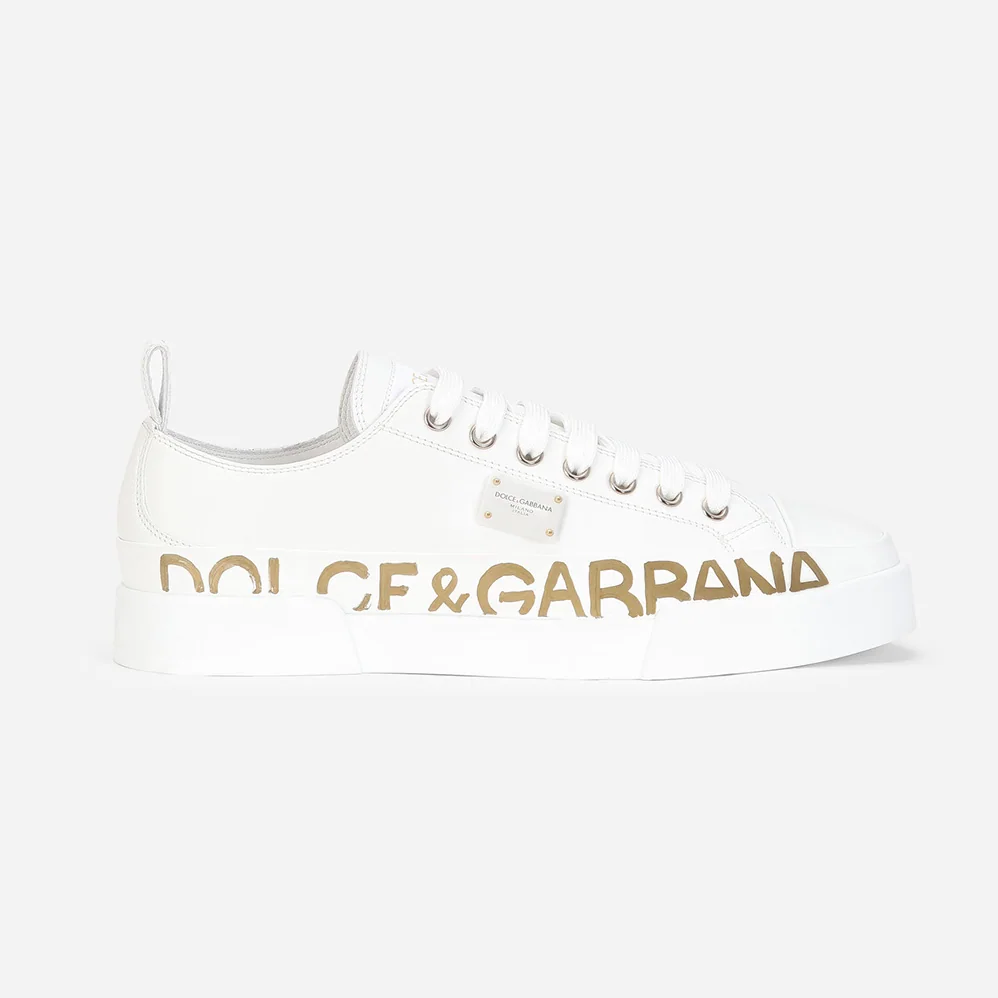 Dolce Gabbana D&G Calfskin Portofino Light Sneakers with Logo-Detailed Plate and Logo Print for Women in White Dolce Gabbana D&G Calfskin Portofino Light Sneakers with Logo-Detailed Plate and Logo Print for Women in White