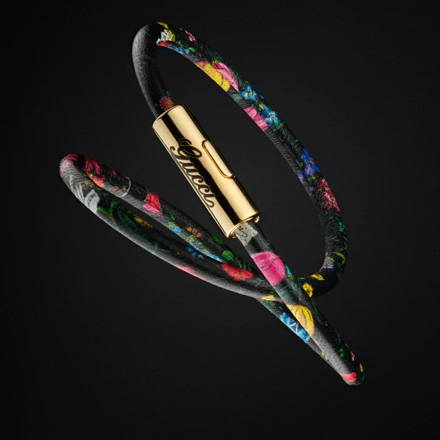 Gucci Leather Double Bracelet With Gucci Script Black Tubular