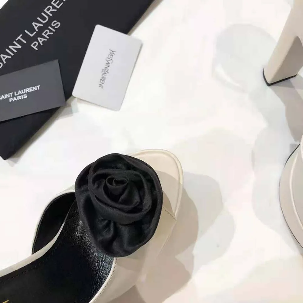 Saint Laurent YSL Jodie Platform Sandals in Smooth Leather with Silk Satin Flower for Women in White