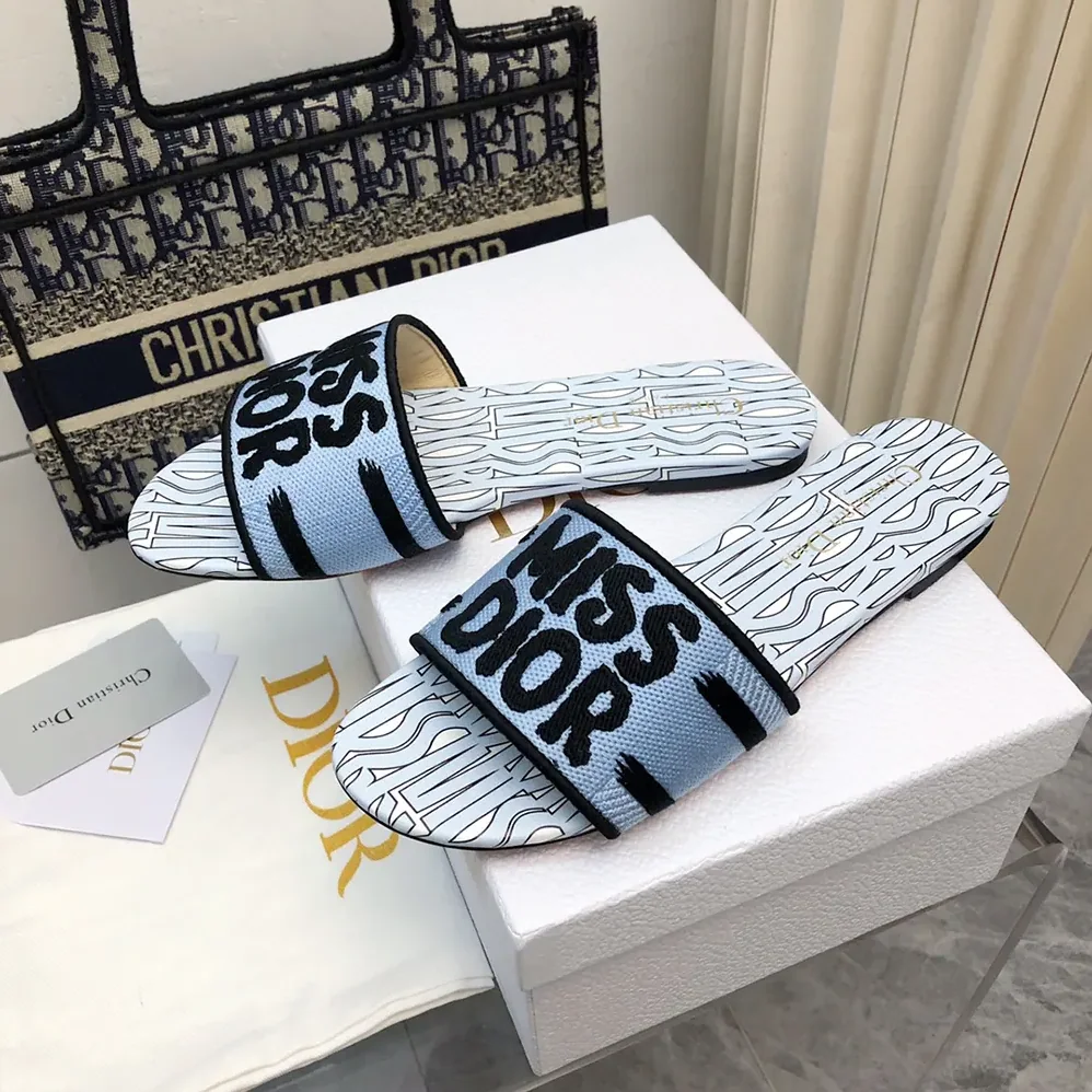 Dior Dway Slide Embroidered Cotton and Pale Blue Miss Dior Allover Motif for Women