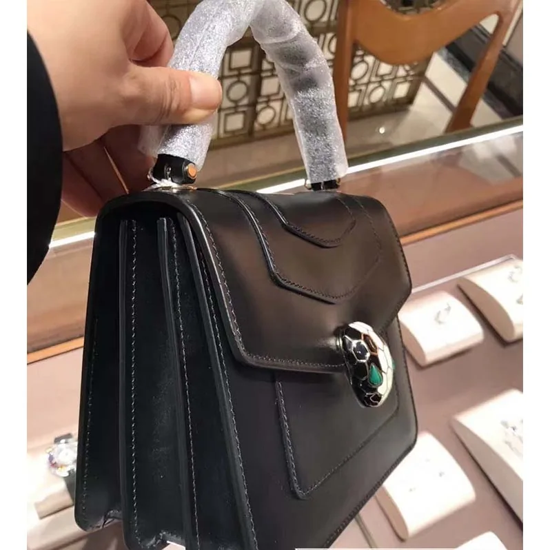 Bvlgari Serpenti Forever Medium Flap Cover Handle Bag Calfskin in Black