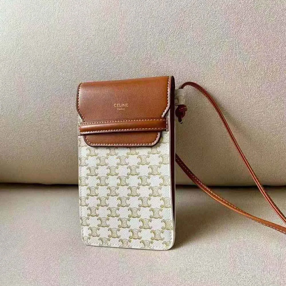 Celine Phone Pouch with Flap in Triomphe Canvas and Lambskin for Women in Beige Celine Phone Pouch with Flap in Triomphe Canvas and Lambskin for Women in Beige