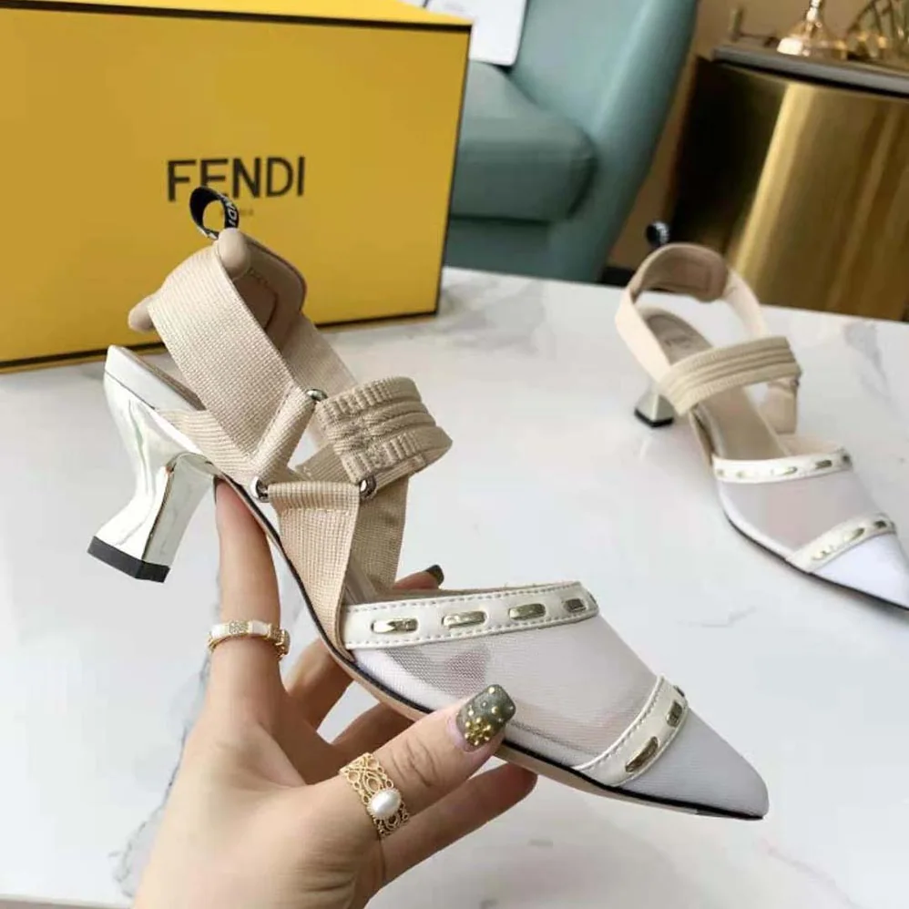 Fendi Colibri Pink Mesh Medium-Heel Slingbacks with Metal Stitches for Women Fendi Colibri Pink Mesh Medium-Heel Slingbacks with Metal Stitches for Women