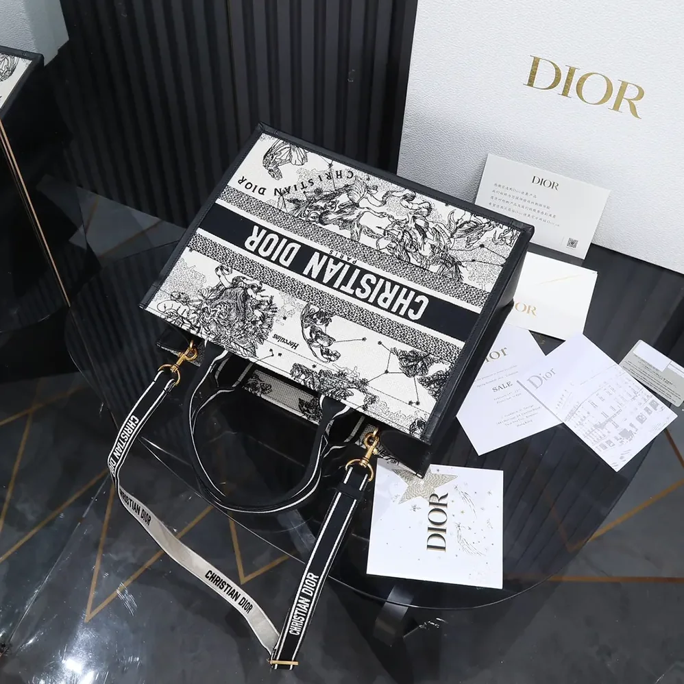 Dior Medium Dior Book Tote Latte and Black Dior Zodiac Embroidery with Black Calfskin for Women