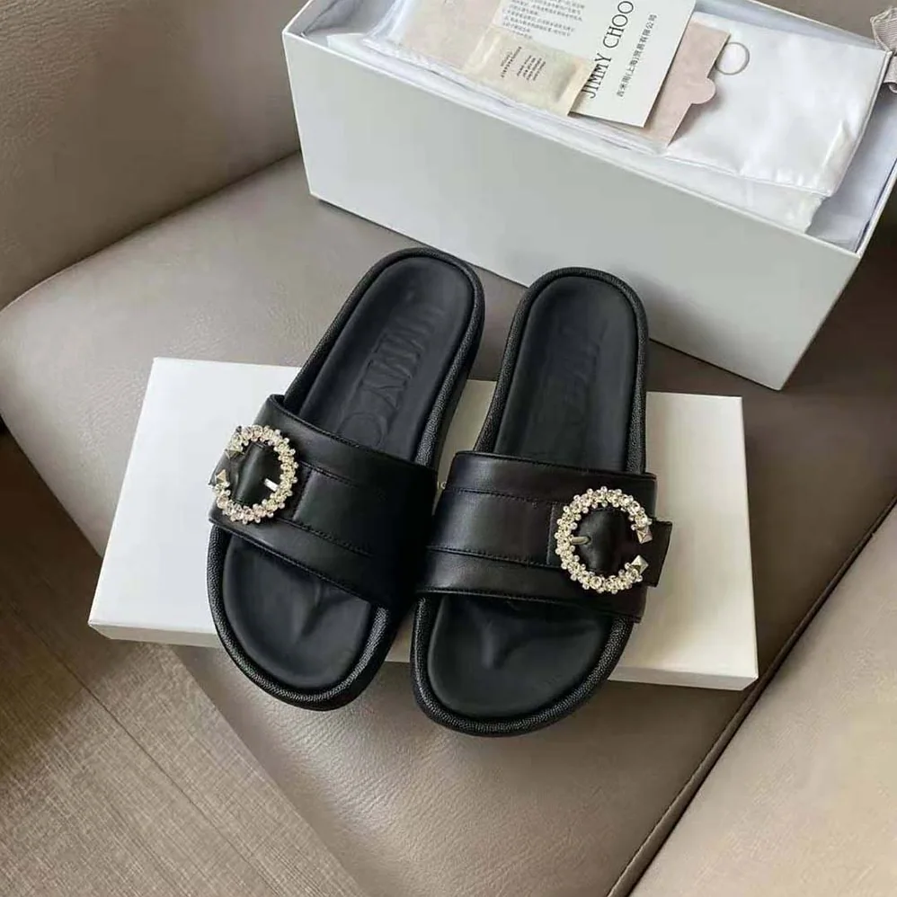 Jimmy Choo Fallon Black Nappa Leather Slides with Crystal Buckle for Women