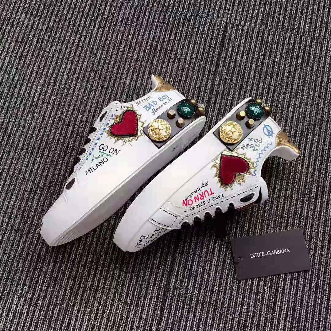 Dolce Gabbana D&G Printed Calfskin Nappa Portofino Sneakers with Patch and Embroidery for Women in White