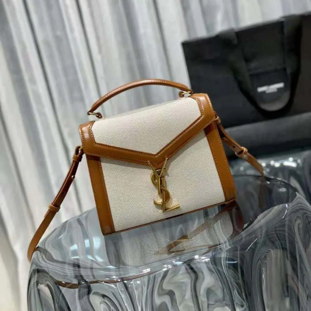 Saint Laurent YSL Cassandra Mini Top Handle Bag in Canvas and Smooth Leather for Women Saint Laurent YSL Cassandra Mini Top Handle Bag in Canvas and Smooth Leather for Women