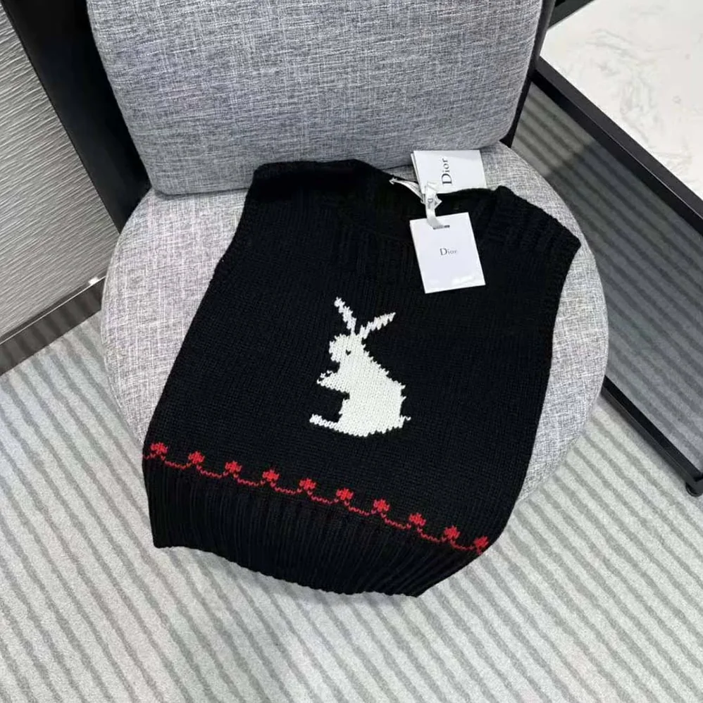 Dior Dioramour Sleeveless Sweater Black White and Red Wool and Cashmere for Women