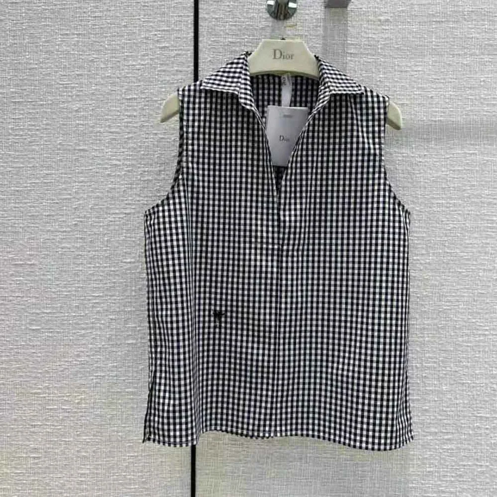 Dior Sleeveless Blouse Navy Blue D for Women in Little Vichy Silk Canvas Dior Sleeveless Blouse Navy Blue D for Women in Little Vichy Silk Canvas
