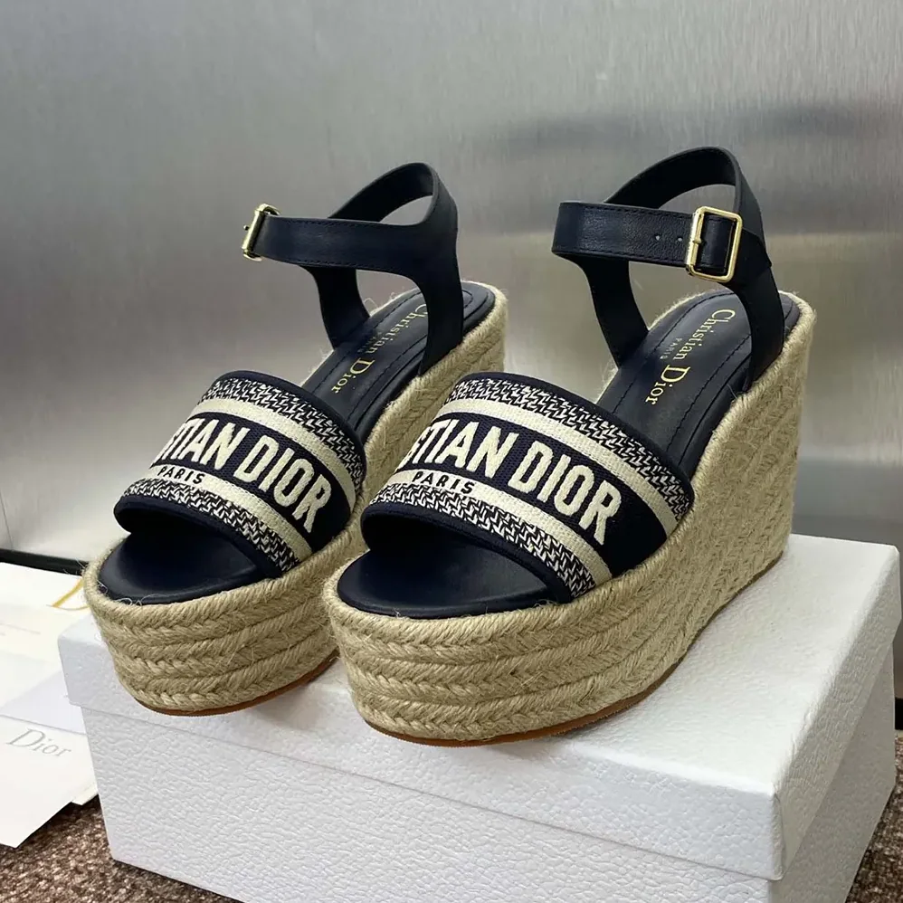 Dior Dway Wedge Sandal Deep Blue Calfskin and Embroidered Cotton for Women