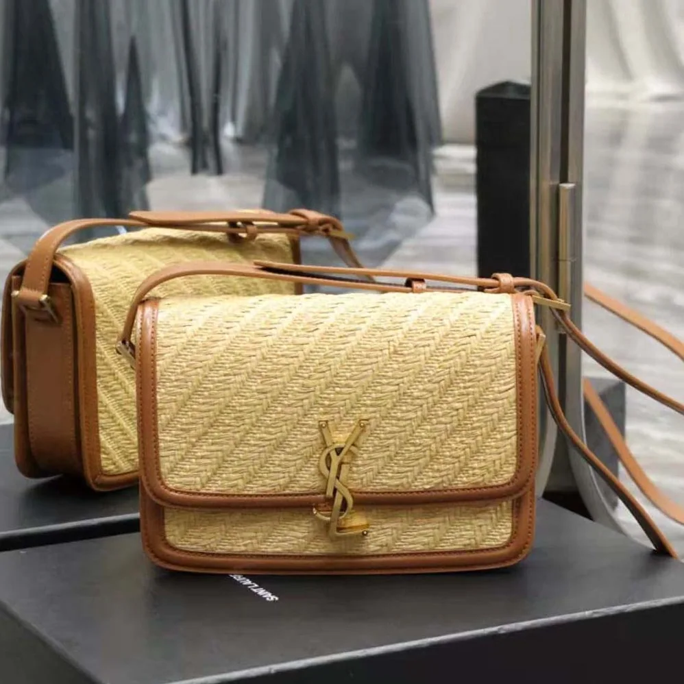 Saint Laurent YSL Solferino Medium Satchel in Raffia and Vegetable for Women in Tanned Leather Saint Laurent YSL Solferino Medium Satchel in Raffia and Vegetable for Women in Tanned Leather