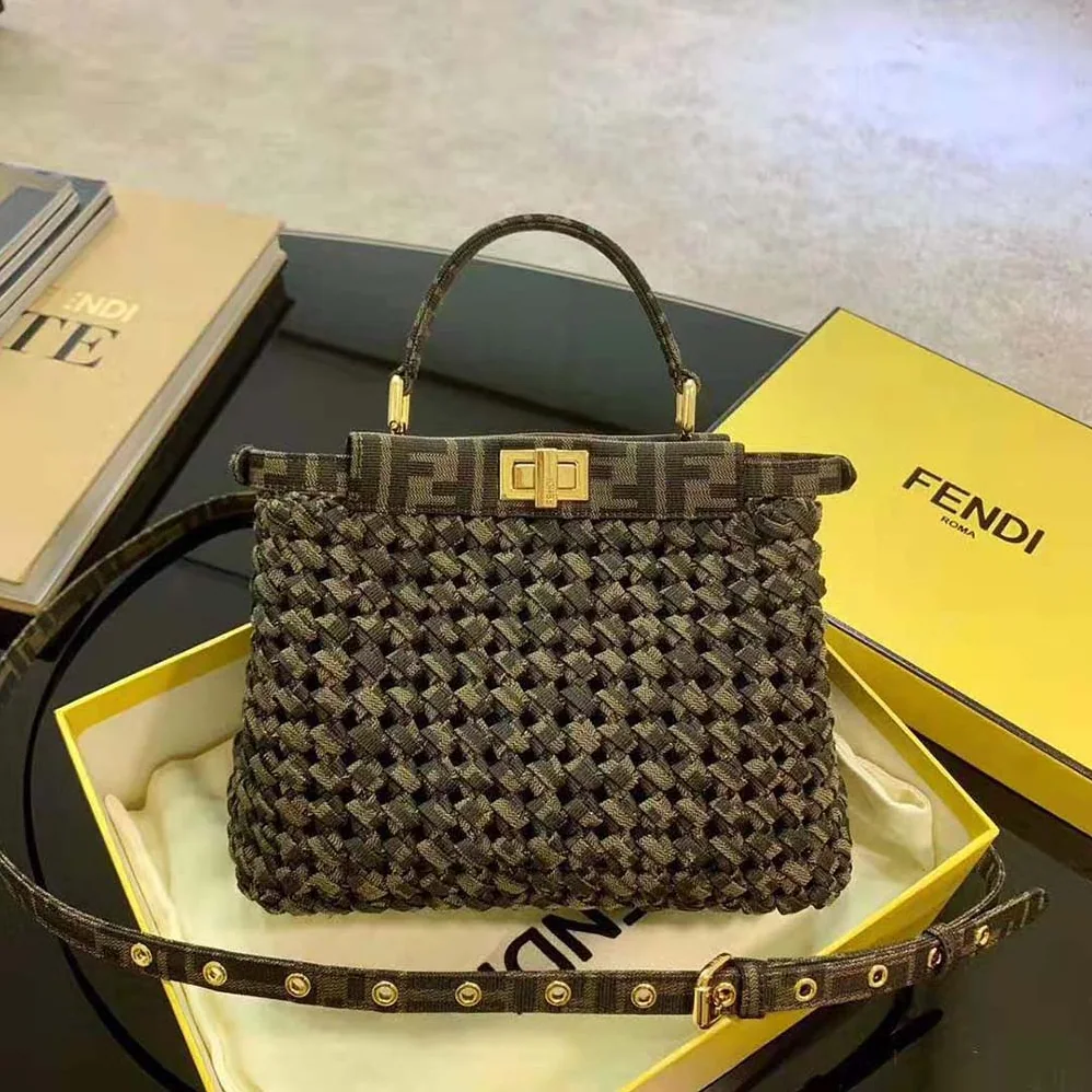Fendi Peekaboo Iconic Mini Jacquard Fabric Interlace Bag for Women