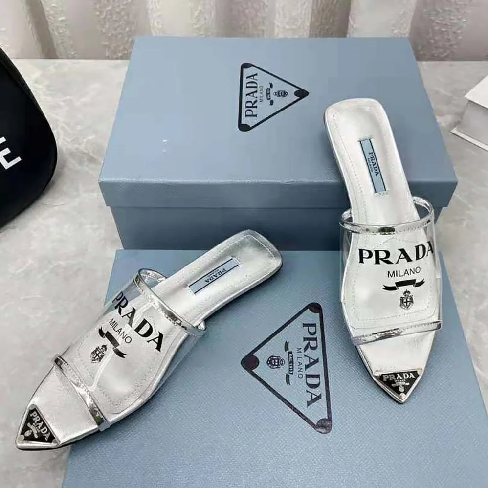 Prada Logo-Print Plexiglas Slides for Women in Silver Prada Logo-Print Plexiglas Slides for Women in Silver