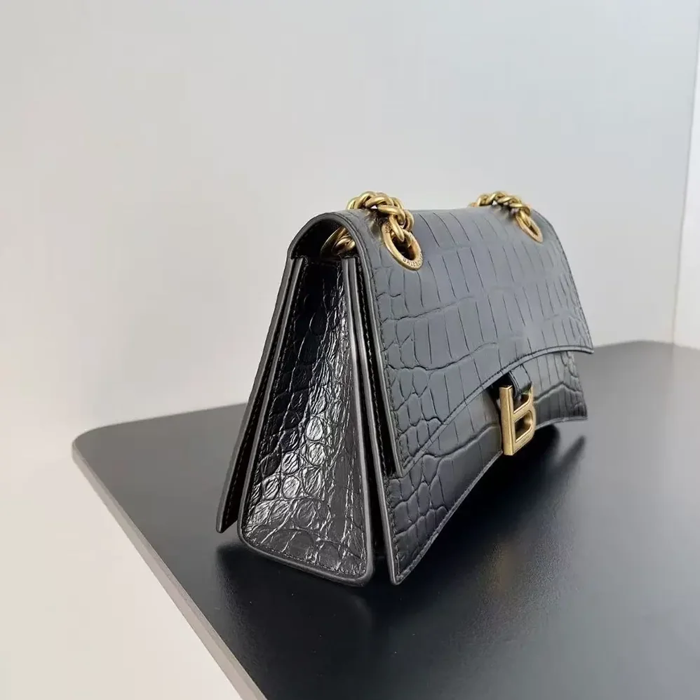 Balenciaga Small Crush Shoulder Bag in Black Shiny Crocodile Embossed Leather for Women