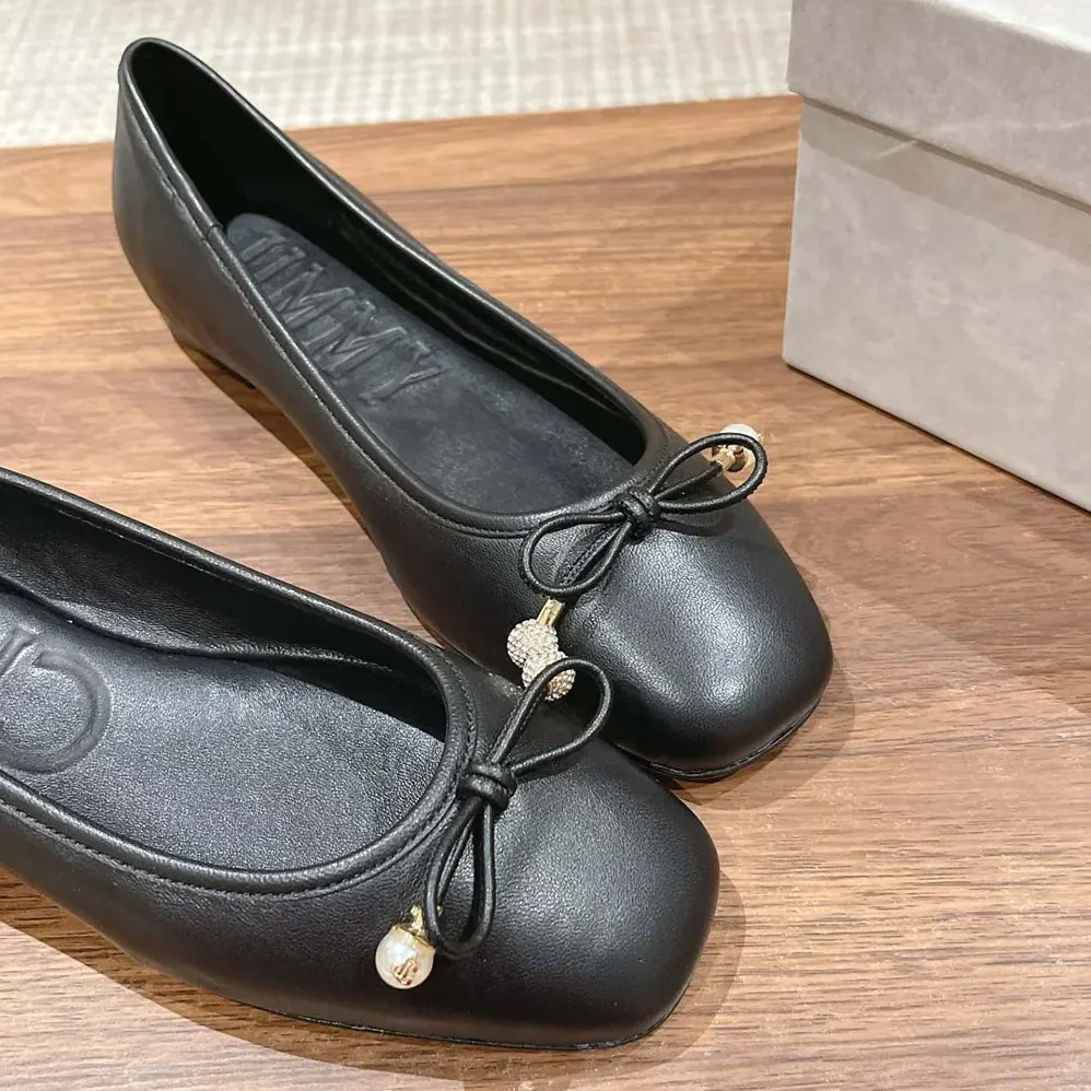 Jimmy Choo Elme Flat Black Nappa Leather Flats with Pearl Embellishment for Women Jimmy Choo Elme Flat Black Nappa Leather Flats with Pearl Embellishment for Women