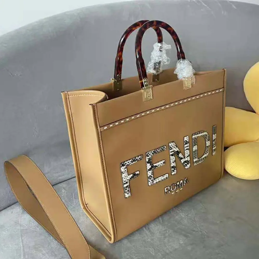 Fendi Sunshine Medium Light Brown Leather and Elaphe Shopper Bag for Women