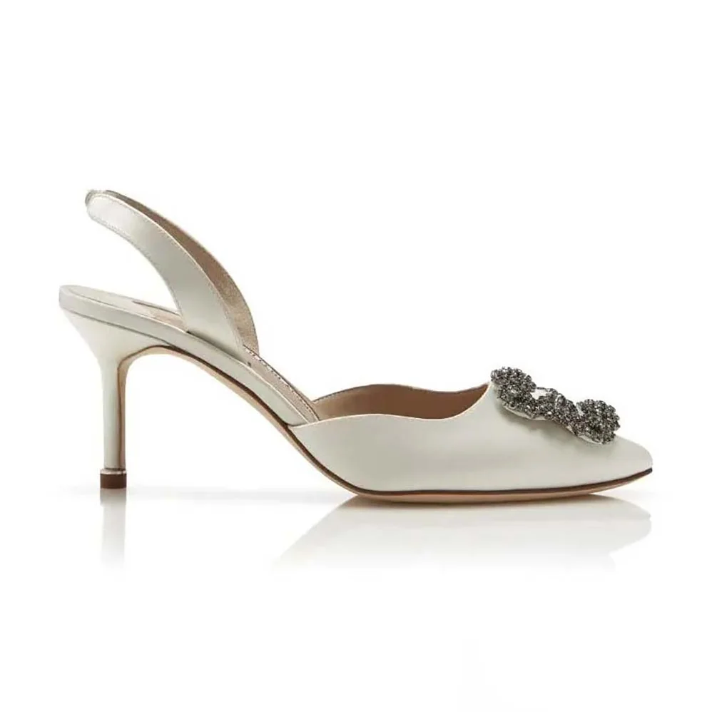 Manolo Blahnik Cream Satin Jewel Buckle Slingback Pumps for Women Manolo Blahnik Cream Satin Jewel Buckle Slingback Pumps for Women